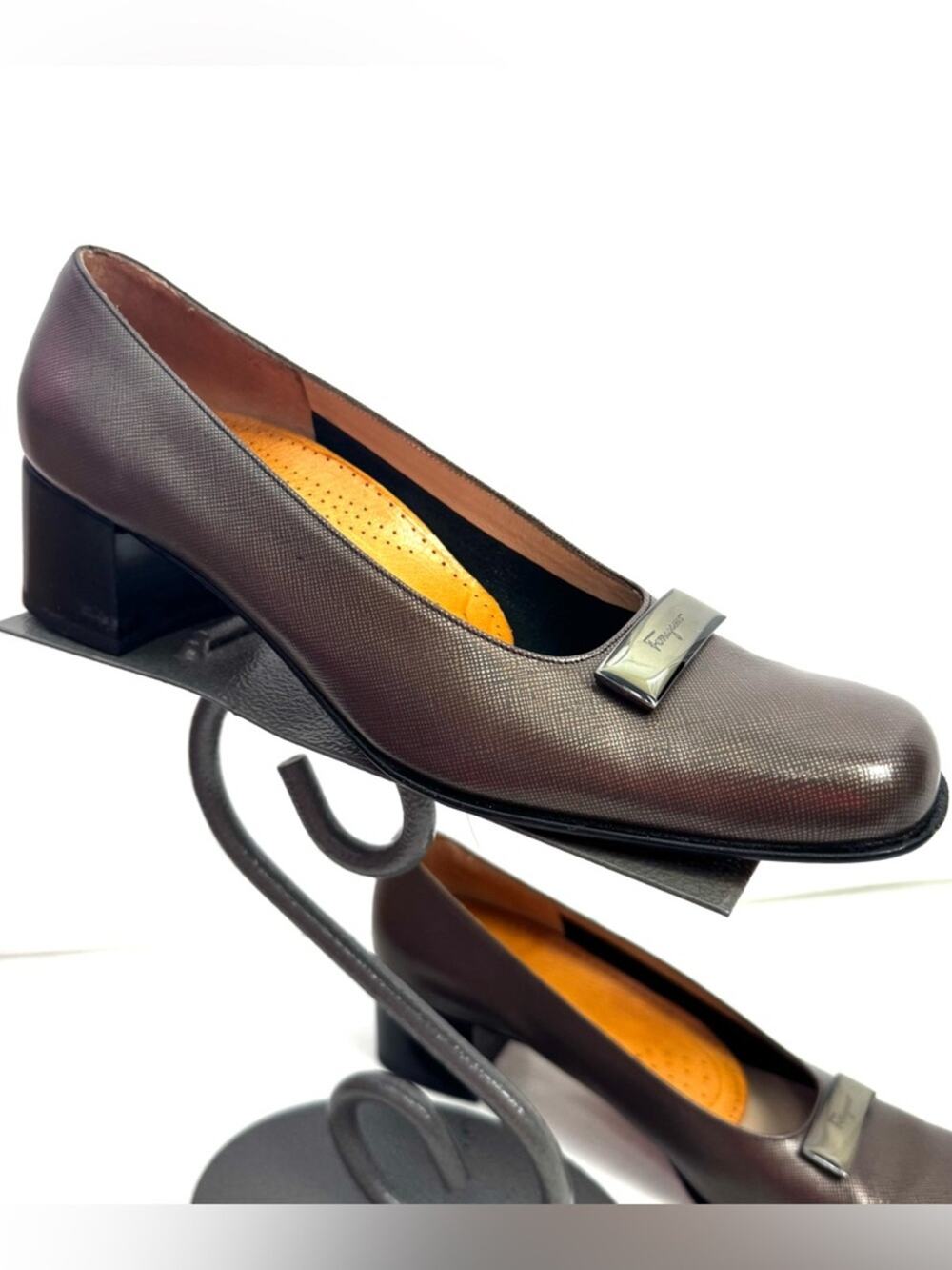 Salvatore Ferragamo Brown Textured Leather Block Heel Pumps Size 9